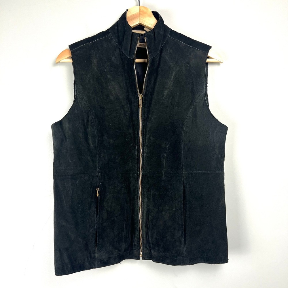 Vtg RuffHewn Womens Black Genuine Leather Suede Full Zip Mock Neck Vest S Moto
